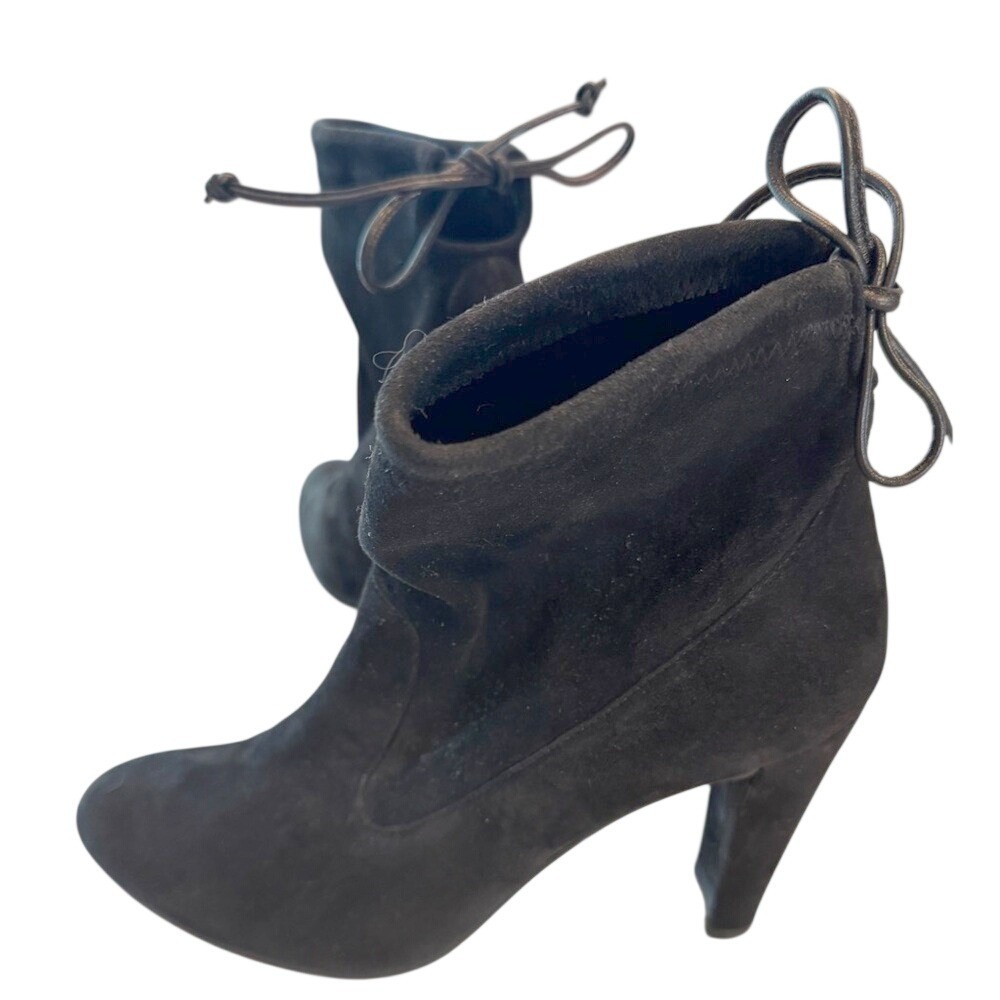 Stuart Weitzman Black Suede Tie Back Ankle Boots Pointed Toe‎ Block Heel Spain